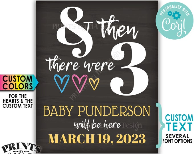 And Then There Were Three Pregnancy Announcement, Gender Reveal, PRINTABLE 8x10/16x20” Chalkboard Style Sign <Edit Yourself with Corjl>