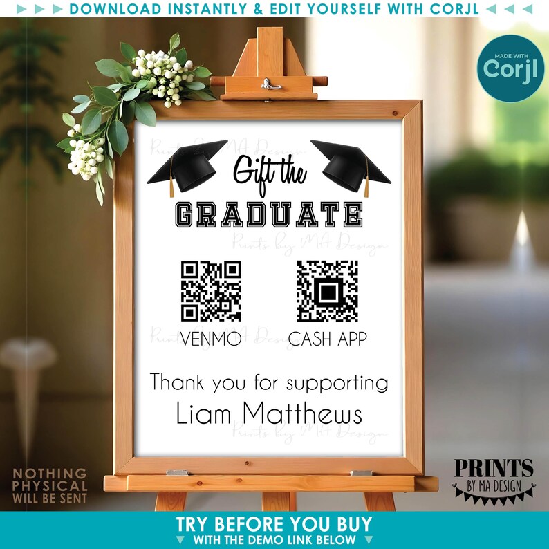 Editable Graduation Party QR Code Sign, Donate to the Grad, Custom PRINTABLE 8x10/16x20” Portrait Sign <Edit Yourself w/Corjl> image 2