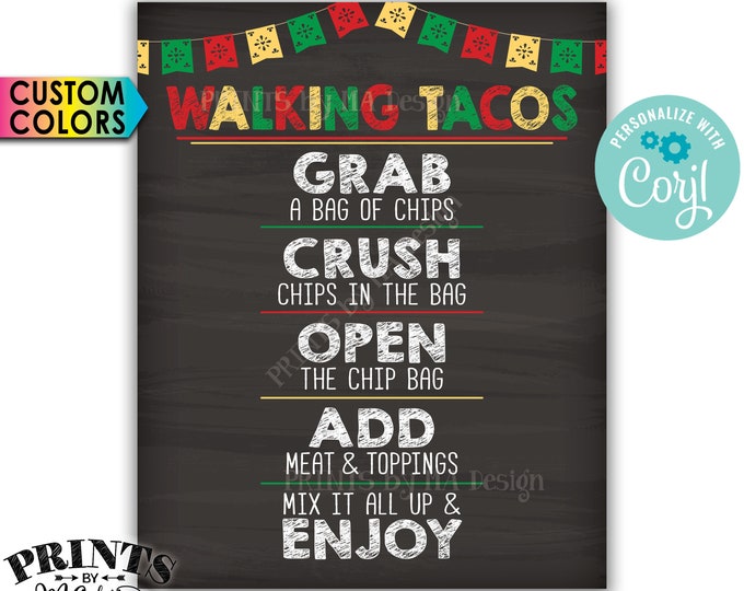 Walking Tacos Sign, Cinco de Mayo Taco Bar Fiesta, Custom Colors PRINTABLE 8x10/16x20” Chalkboard Style Taco Sign <Edit Yourself with Corjl>