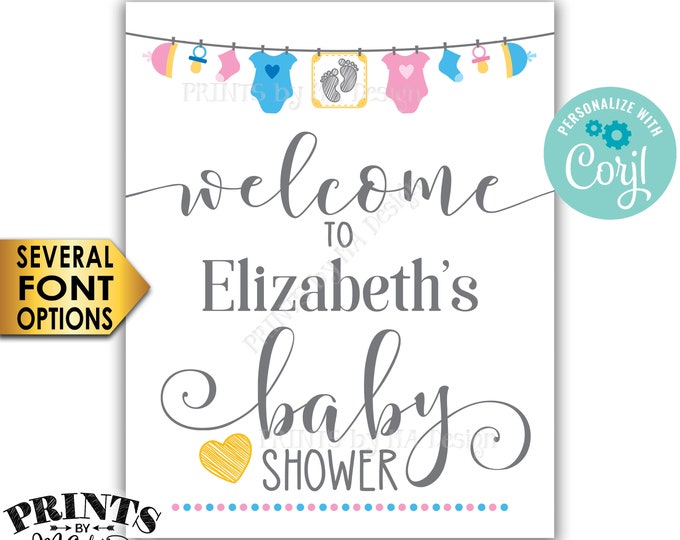 Baby Shower Welcome Sign, Pink & Blue Clothesline Baby Shower Decor, Gender Neutral PRINTABLE 8x10/16x20” Sign <Edit Yourself with Corjl>