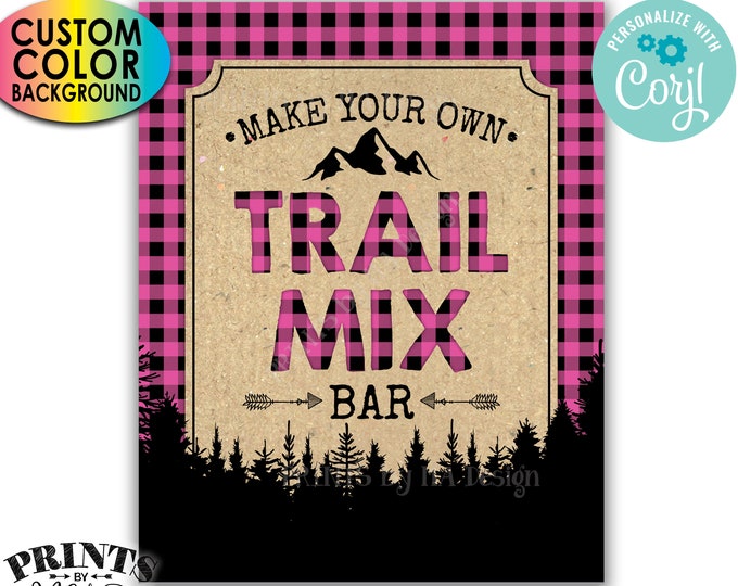 Lumberjack Trail Mix Bar Sign, Make Your Own Trail Mix, Custom Color PRINTABLE Buffalo Plaid Sign <Edit Color Yourself w/Corjl>