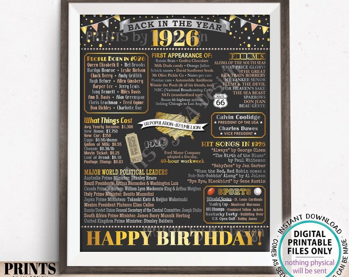 Back in the Year 1926 Birthday Sign, Flashback to 1926 Poster Board, ’26 B-day Gift, Bday Decoration, PRINTABLE 16x20” Sign <ID>