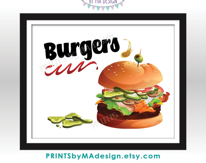 Burgers Sign, Barbeque Cook Out, School Sports Concession Stand, Festival, Party Platter, PRINTABLE 8x10/16x20” Burger Sign <ID>