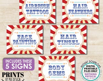 Carnival Activities Bundle Pack, Face Painting, Airbrush Tattoos, Hair Feather Tinsel, Body Gems, Five PRINTABLE 8x10/16x20” Signs <ID>