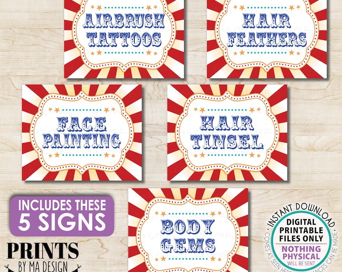 Carnival Activities Bundle Pack, Face Painting, Airbrush Tattoos, Hair Feather Tinsel, Body Gems, Five PRINTABLE 8x10/16x20” Signs <ID>