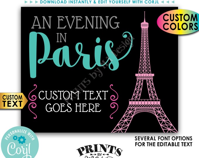 An Evening in Paris sign, Eiffel Tower, Custom PRINTABLE 8x10"/16x20" Sign with a Black Background <Edit Yourself with Corjl>