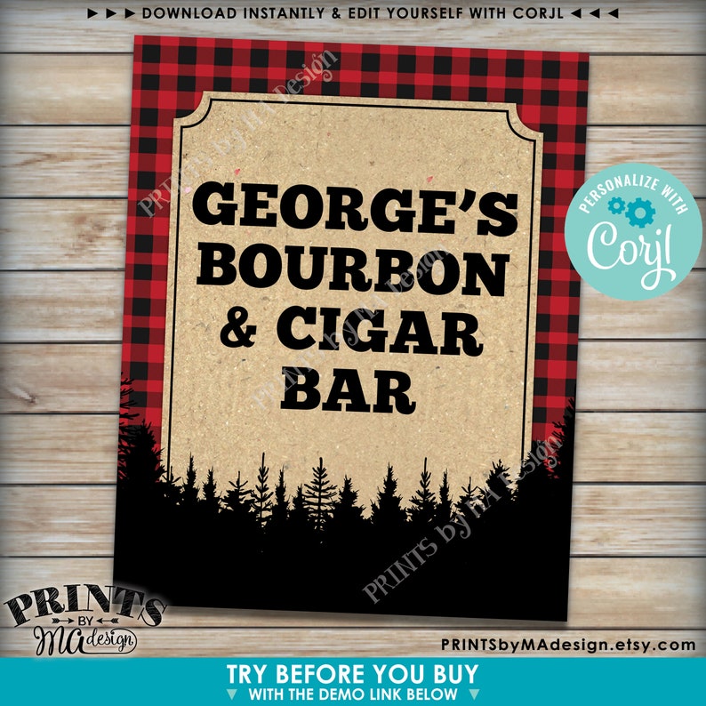 Puede incluir: Se&ntilde;al imprimible con un fondo de cuadros rojos y negros. La se&ntilde;al dice "George's Bourbon & Cigar Bar" con una silueta de un bosque en la parte inferior. La se&ntilde;al es para una fiesta o evento.