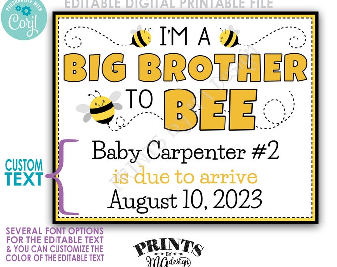 Big Brother to Be, Bee themed Pregnancy Announcement, Custom PRINTABLE 8x10/16x20” Baby #2 Reveal Sign <Edit Yourself w/Corjl>