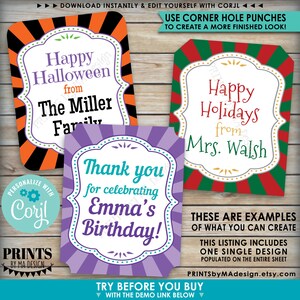 May include: Three printable gift tag designs with a retro, carnival-themed design. The tags feature a purple, orange, and red background with a white border and a gold-colored inner frame. The text on the tags reads "Happy Halloween from The Miller Family", "Happy Holidays from Mrs. Walsh", and "Thank you for celebrating Emma's Birthday!"
