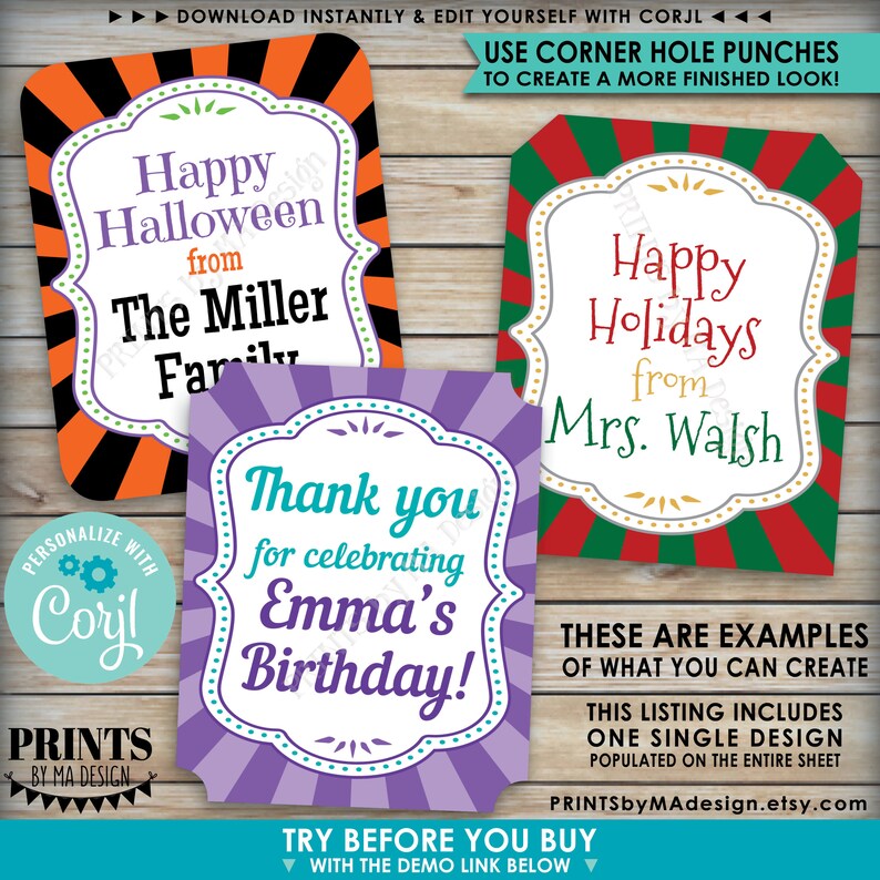 May include: Three printable gift tag designs with a retro, carnival-themed design. The tags feature a purple, orange, and red background with a white border and a gold-colored inner frame. The text on the tags reads "Happy Halloween from The Miller Family", "Happy Holidays from Mrs. Walsh", and "Thank you for celebrating Emma's Birthday!"