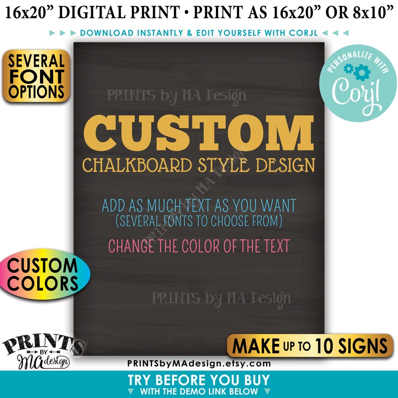 Custom Chalkboard Style Posters, Choose Text/Colors, Create Up to 10 PRINTABLE 8x10/16x20” Portrait Signs <Edit Yourself with Corjl> image 1