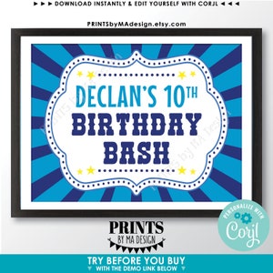 Puede incluir: Un cartel imprimible azul y blanco con tem&aacute;tica de circo. El cartel dice "Declan's 10th Birthday Bash".