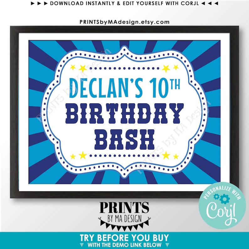 Puede incluir: Un cartel imprimible azul y blanco con tem&aacute;tica de circo. El cartel dice "Declan's 10th Birthday Bash".