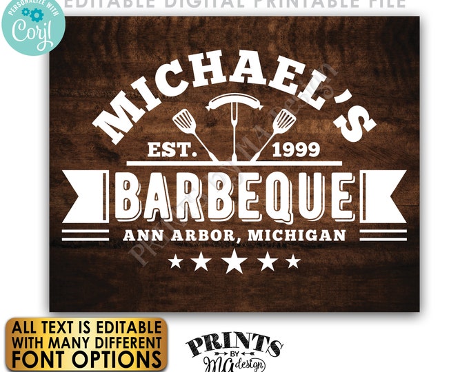 Editable BBQ Sign, Backyard Barbecue, Barbie Grill Smokehouse, PRINTABLE 8x10/16x20” Brown Rustic Wood Style Sign <Edit Yourself w/Corjl>