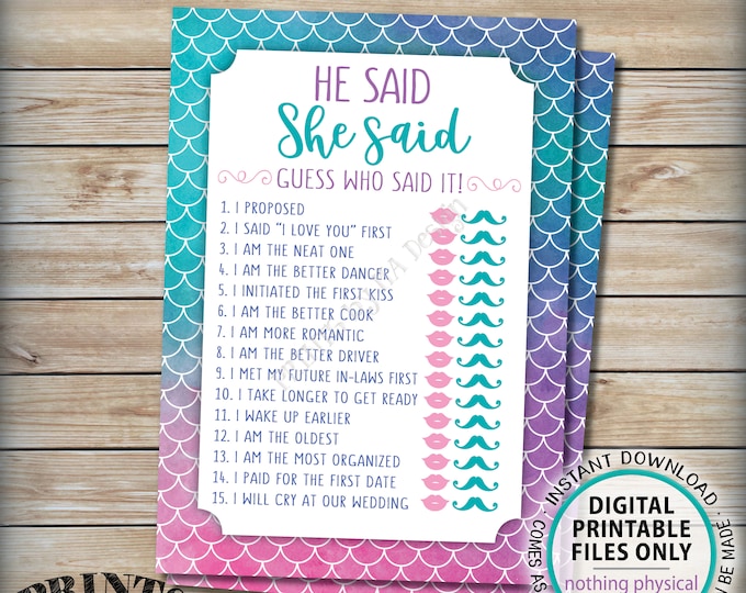 Mermaid He Said She Said Bridal Shower Game, Bride or Groom Guess Who Said It, Wedding Shower, Watercolor Style Digital PRINTABLE 5x7” <ID>