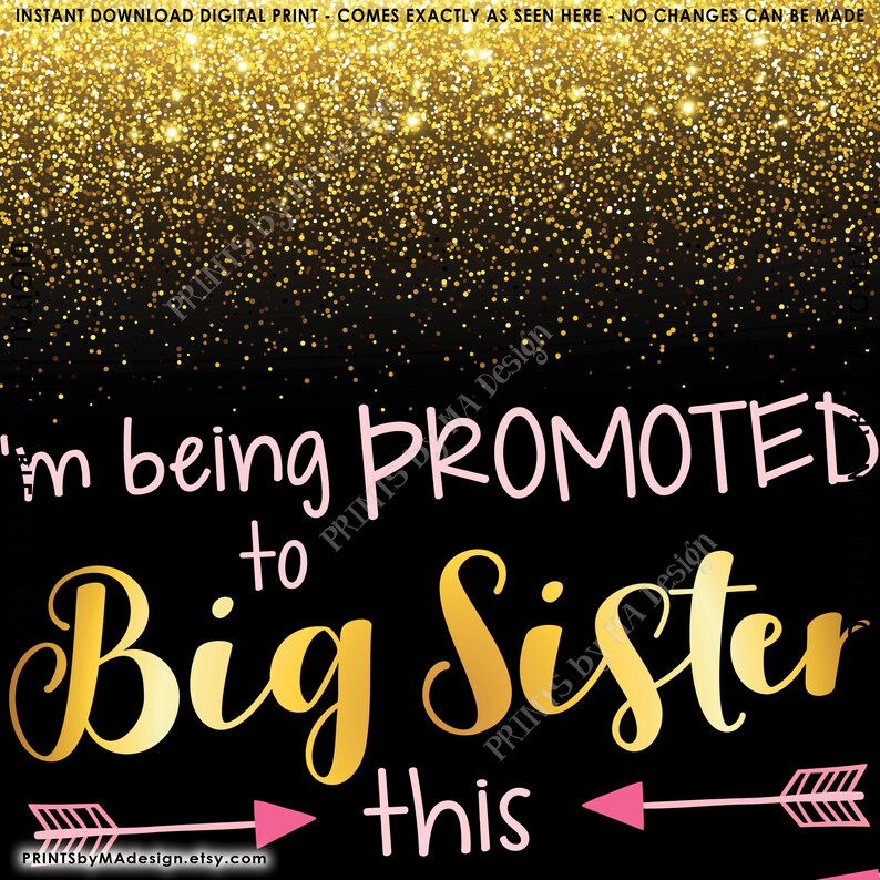 I/'m Being Promoted to Big Sister Pregnancy Announcement Number 2 is due OCTOBER Dated BlackPinkGold Glitter PRINTABLE Baby #2 Reveal