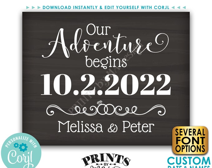 Our Adventure Begins Sign, Engagement Party Decoration, PRINTABLE 8x10/16x20” Chalkboard Style Engagement Sign <Edit Yourself with Corjl>