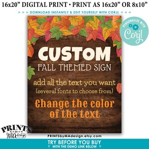 Póster personalizado de estilo de madera rústica con temática de otoño, elige tu texto, un cartel de otoño imprimible de 8 x 10/16 x 20 pulgadas <Editate con Corjl>