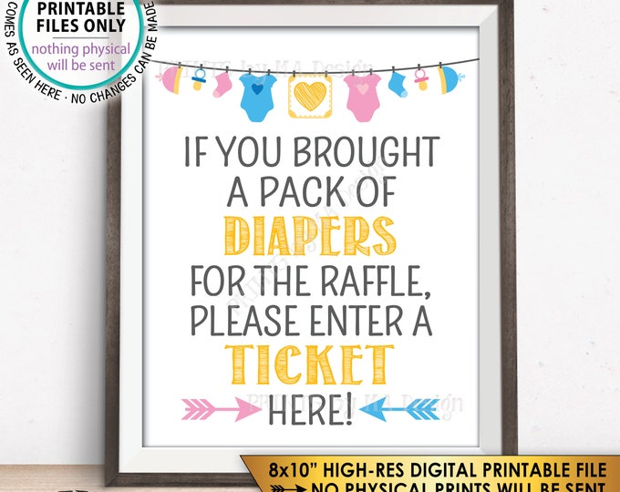 Diaper Raffle Ticket Sign, Enter a Raffle Ticket Here, Baby Shower Raffle Ticket Sign, PRINTABLE 8x10” Instant Download Baby Shower Sign