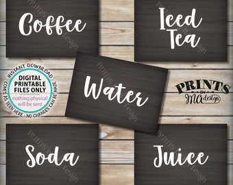 Beverage Station Signs, Non-Alcoholic Drink Signs, Soda, Juice, Water, Coffee, Iced Tea, Five PRINTABLE 5x7” Chalkboard Style Signs <ID>