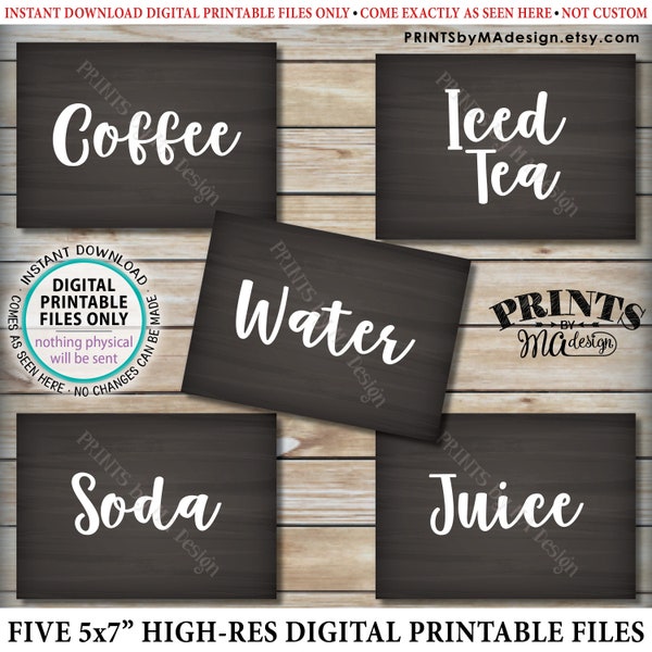 Beverage Station Signs, Non-Alcoholic Drink Signs, Soda, Juice, Water, Coffee, Iced Tea, Five PRINTABLE 5x7” Chalkboard Style Signs <ID>