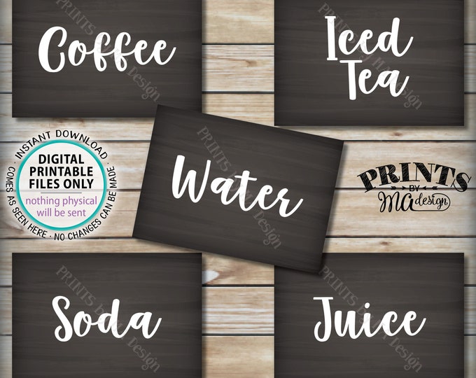 Beverage Station Signs, Non-Alcoholic Drink Signs, Soda, Juice, Water, Coffee, Iced Tea, Five PRINTABLE 5x7” Chalkboard Style Signs <ID>