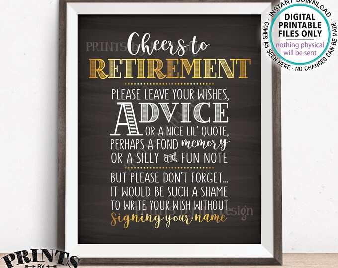 Cheers to Retirement Party Sign, Leave Your Wish Advice Memory for the Retiree Celebration, Gold, PRINTABLE Chalkboard Style 8x10" Sign <ID>