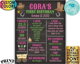 Cowgirl First Birthday Board, Personalized Milestones Poster, Custom PRINTABLE Chalkboard Style 1st Bday Stats Sign <Edit Yourself w/Corjl>