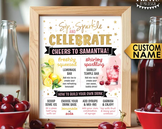 Shirley Temple and Lemonade Sign, Custom Name, Non-Alcoholic Bar Menu Signature Drink Station, Cherry Mocktail, PRINTABLE 8x10/16x20” Sign