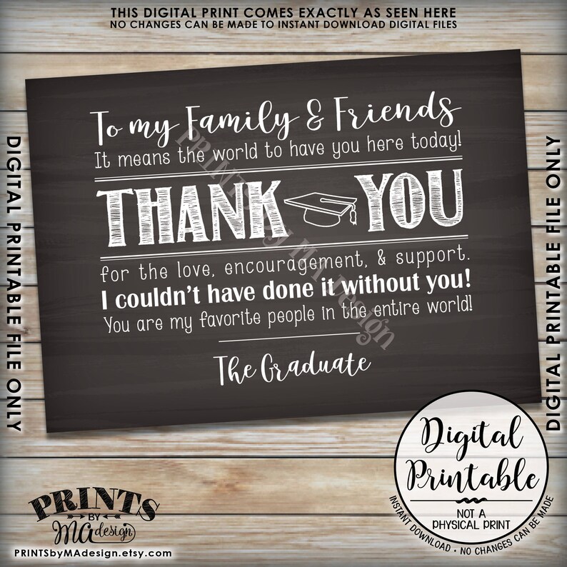 Graduation Party Thank You Sign, Thank You Card from the Graduate, PRINTABLE 5x7 Chalkboard Style Graduation Party Decoration ID image 2