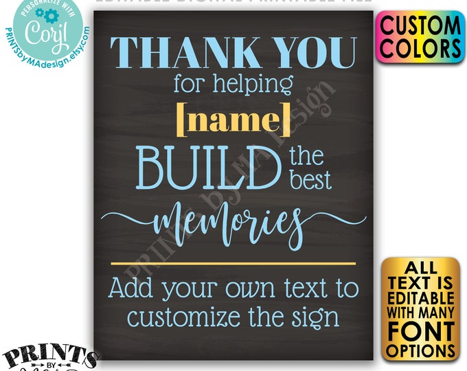 Thanks for Building Memories Sign a Block, Graduation Retirement, Custom PRINTABLE 8x10/16x20” Chalkboard Style Sign <Edit Yourself w/Corjl>