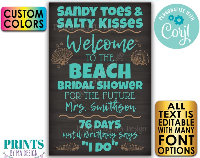 Beach Themed Bridal Shower Welcome Sign, Bridal Shower Countdown, Custom PRINTABLE 24x36” Chalkboard Style Sign <Edit Yourself with Corjl>