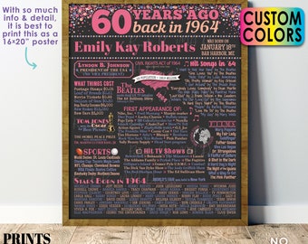 60th Birthday Poster Board, Born in 1964 Flashback 60 Years Ago B-day Gift, Custom PRINTABLE 16x20” Back in 1964 Sign