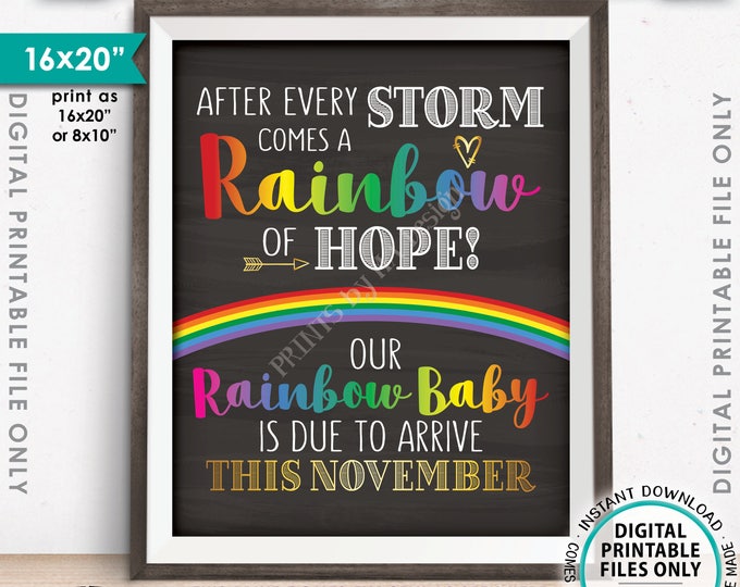 Rainbow Baby Pregnancy Announcement, Pregnancy Reveal After Loss, Due in NOVEMBER Dated Chalkboard Style PRINTABLE Baby Reveal Sign <ID>