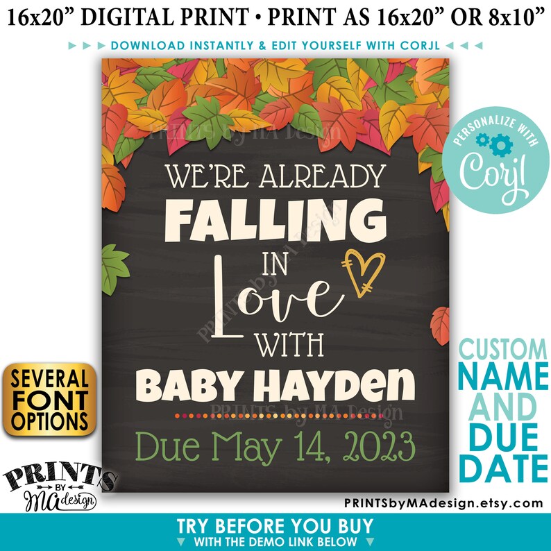May include: A digital printable announcement for a baby shower. The announcement features a chalkboard background with autumn leaves and the text "We're already falling in love with Baby Hayden Due May 14, 2023".