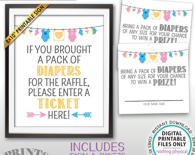 Diaper Raffle Tickets & Sign, Enter a Raffle Ticket Here, Baby Shower Raffle, PRINTABLE 8x10" Sign and 8.5x11" Sheet of 2.5" Tickets <ID>