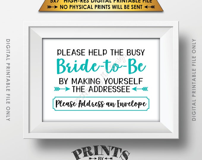 Address Envelope Bridal Shower Sign Addressee Help the Bride by Addressing an Envelope. Teal, Aqua, Instant Download 5x7” Printable Sign