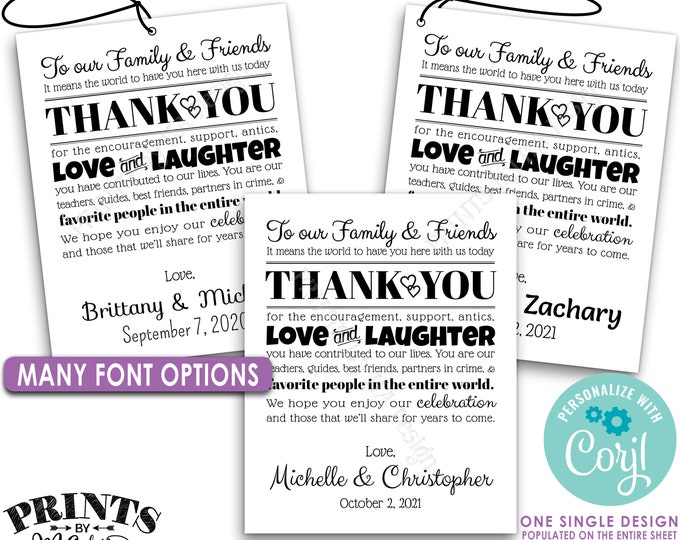 Wedding Thank You Tags, Goodie Bags for Out of Town Guests, Black & White PRINTABLE 8.5x11" Sheet of 4x5" Tags <Edit Yourself with Corjl>