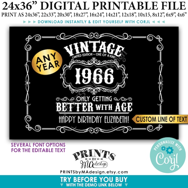 Vintage Birthday Sign, Better with Age Liquor Themed Bday Party, One Custom PRINTABLE 24x36” Sign, Black Background <Edit Yourself w/Corjl>