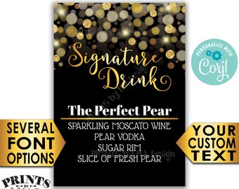 Signature Drink Sign, Wedding Bar Menu, Birthday Cocktail, Black & Gold Glitter PRINTABLE 5x7” Drink Sign <Edit Yourself with Corjl>