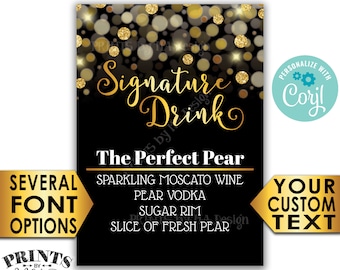 Signature Drink Sign, Wedding Bar Menu, Birthday Cocktail, Black & Gold Glitter PRINTABLE 5x7” Drink Sign <Edit Yourself with Corjl>