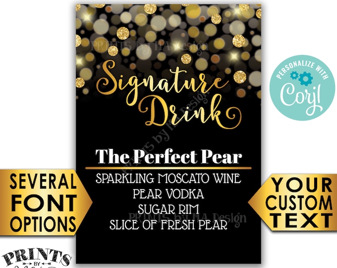 Signature Drink Sign, Wedding Bar Menu, Birthday Cocktail, Black & Gold Glitter PRINTABLE 5x7” Drink Sign <Edit Yourself with Corjl>