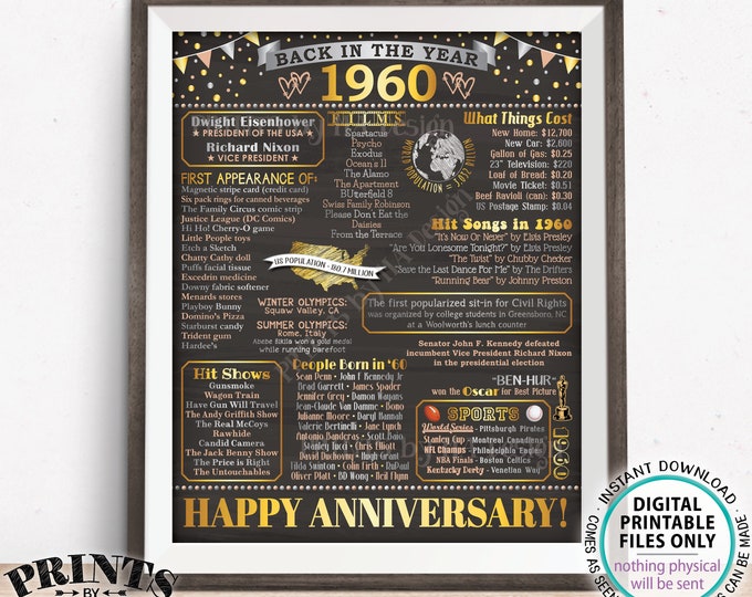 Back in the Year 1960 Anniversary Sign, Flashback to 1960 Anniversary Decor, Anniversary Gift, PRINTABLE 16x20” Poster Board <ID>