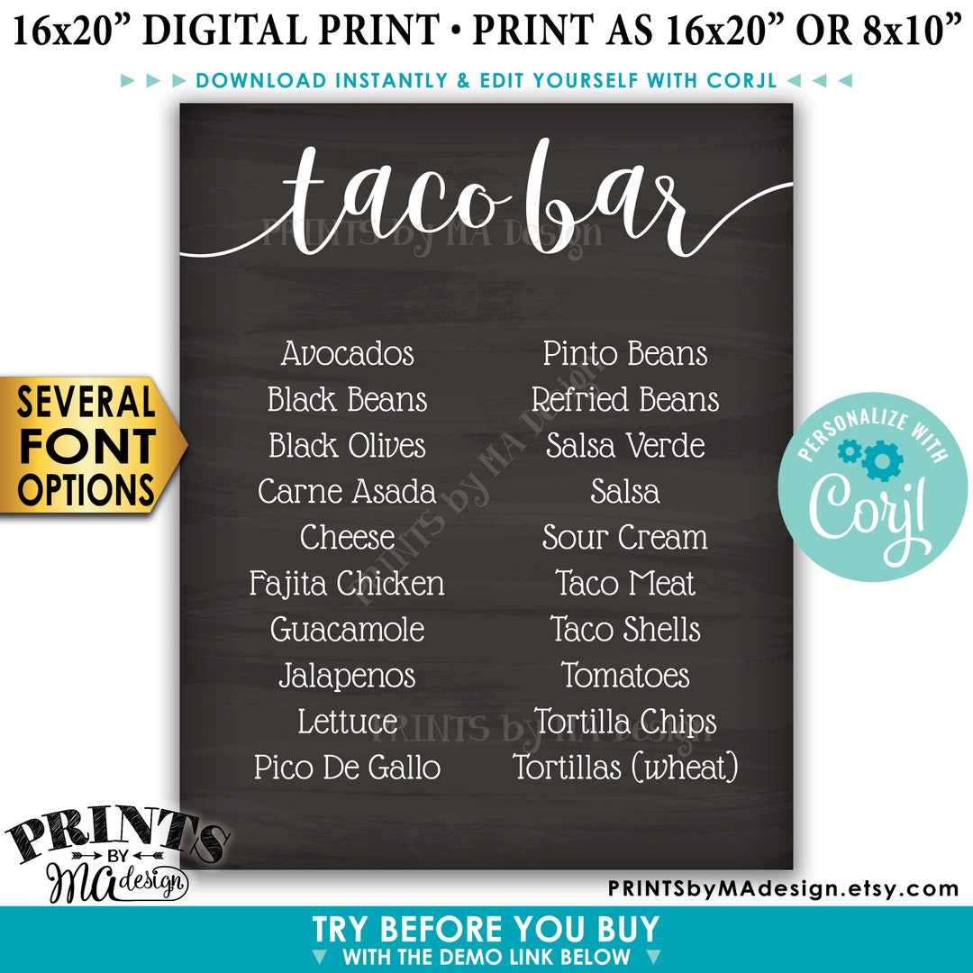 Taco Bar Menu Sign, Fiesta Party Menu, Custom PRINTABLE 8x10/16x20