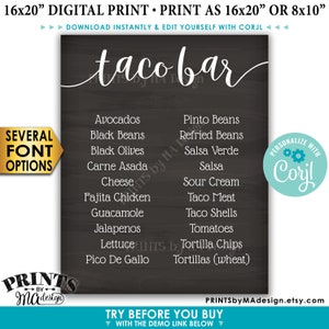 Taco Bar Menu Sign, Fiesta Party Menu, Custom PRINTABLE 8x10/16x20” Chalkboard Style <Edit Yourself with Corjl>