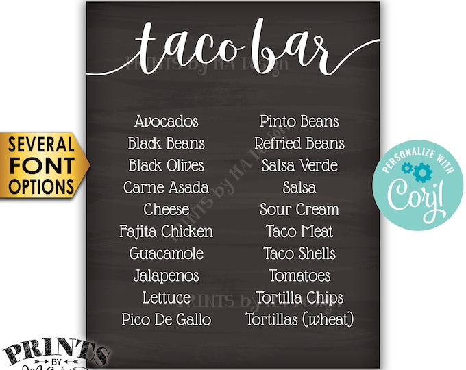 Taco Bar Menu Sign, Fiesta Party Menu, Custom PRINTABLE 8x10/16x20” Chalkboard Style <Edit Yourself with Corjl>