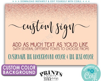 Custom Rose Gold Sign, Rose Gold Glitter with Custom Background Color, One PRINTABLE 24x36” Landscape Banner <Edit Yourself with Corjl>