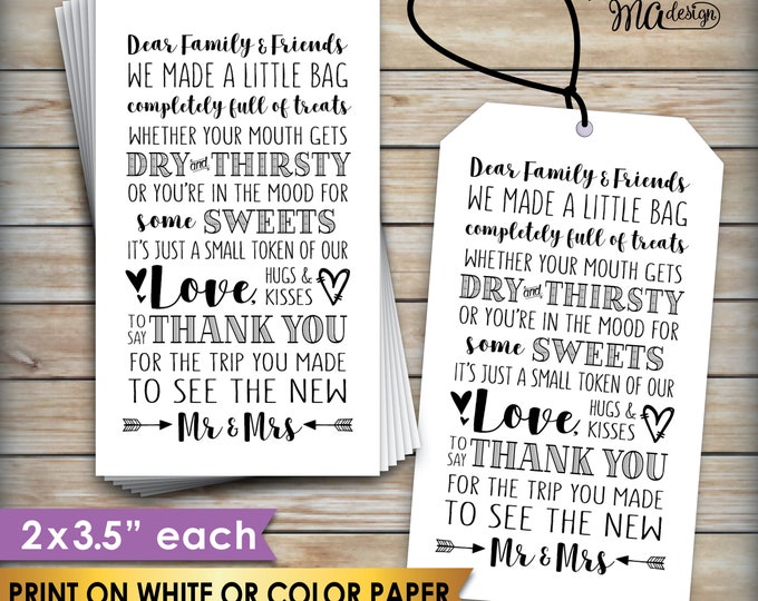 Thank You Welcome Bag Tags, Welcome Out of Town Guests, Destination Wedding Thanks, 2x3.5" Goody Bag Cards on PRINTABLE 8.5x11" Sheet <ID>