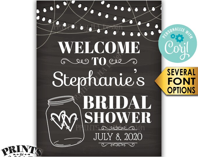 Bridal Shower Welcome Sign, Lights & Jar Wedding Shower Sign, PRINTABLE 8x10/16x20” Chalkboard Style Sign <Edit Yourself with Corjl>