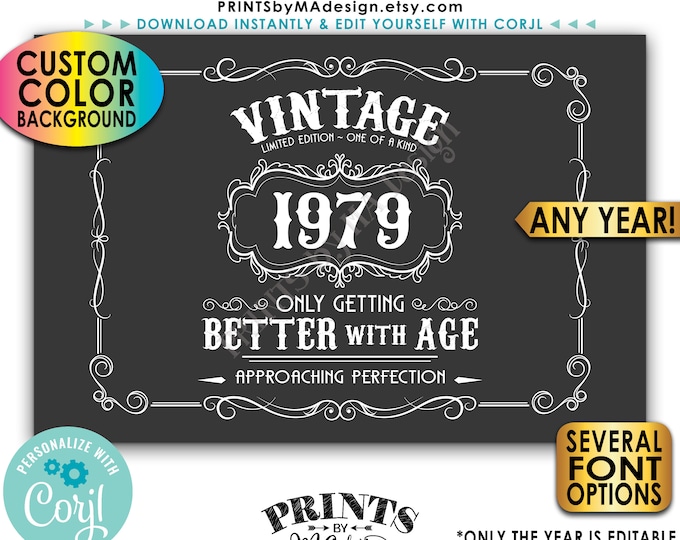 Vintage Birthday Sign, Better with Age Liquor Themed Party, Custom Color Background, PRINTABLE 24x36” Sign <Edit Yourself with Corjl>